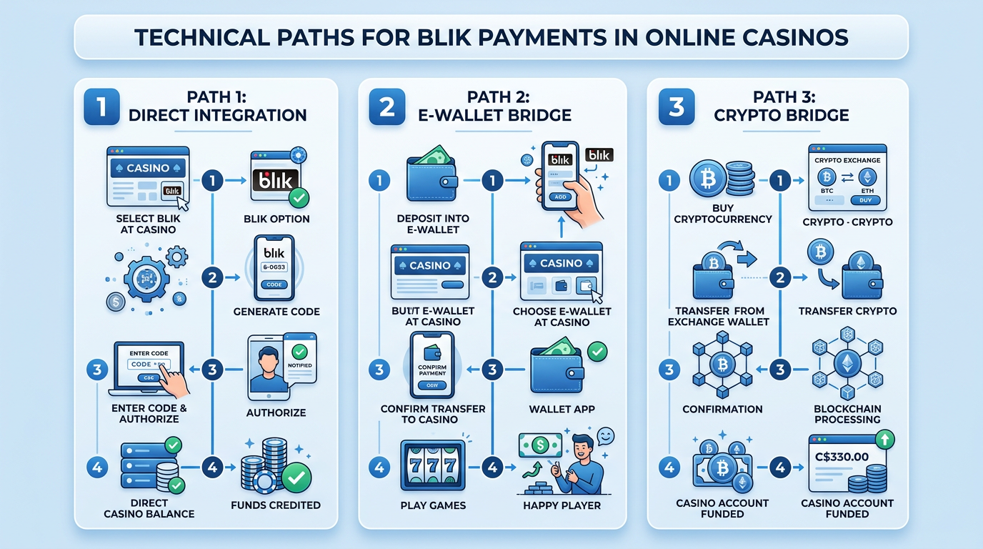 Infografika przedstawiająca trzy ścieżki płatności BLIK w kasynach online: bezpośrednią, przez e-portfel oraz bramkę kryptowalutową
