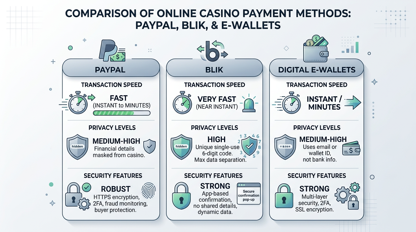 Infografika porównująca metody płatności w kasynach online: PayPal, BLIK i e-portfele