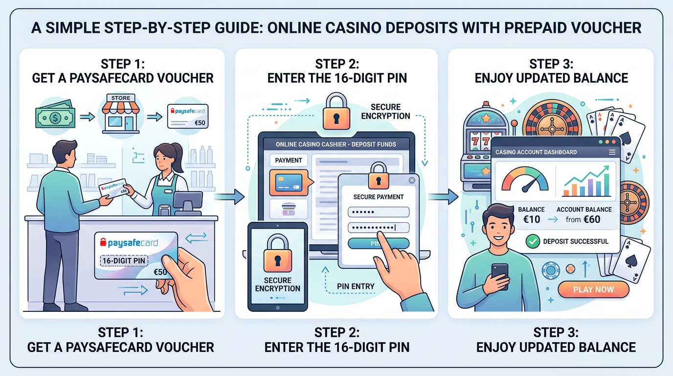 Infografika przedstawiająca proces wpłaty depozytu Paysafecard do kasyna online krok po kroku.