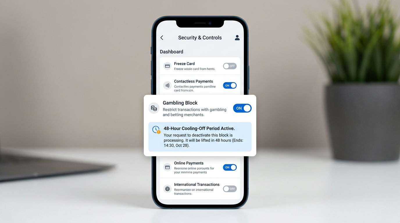 Interfejs aplikacji mobilnej Revolut przedstawiający funkcję blokady hazardu i ustawienia bezpieczeństwa