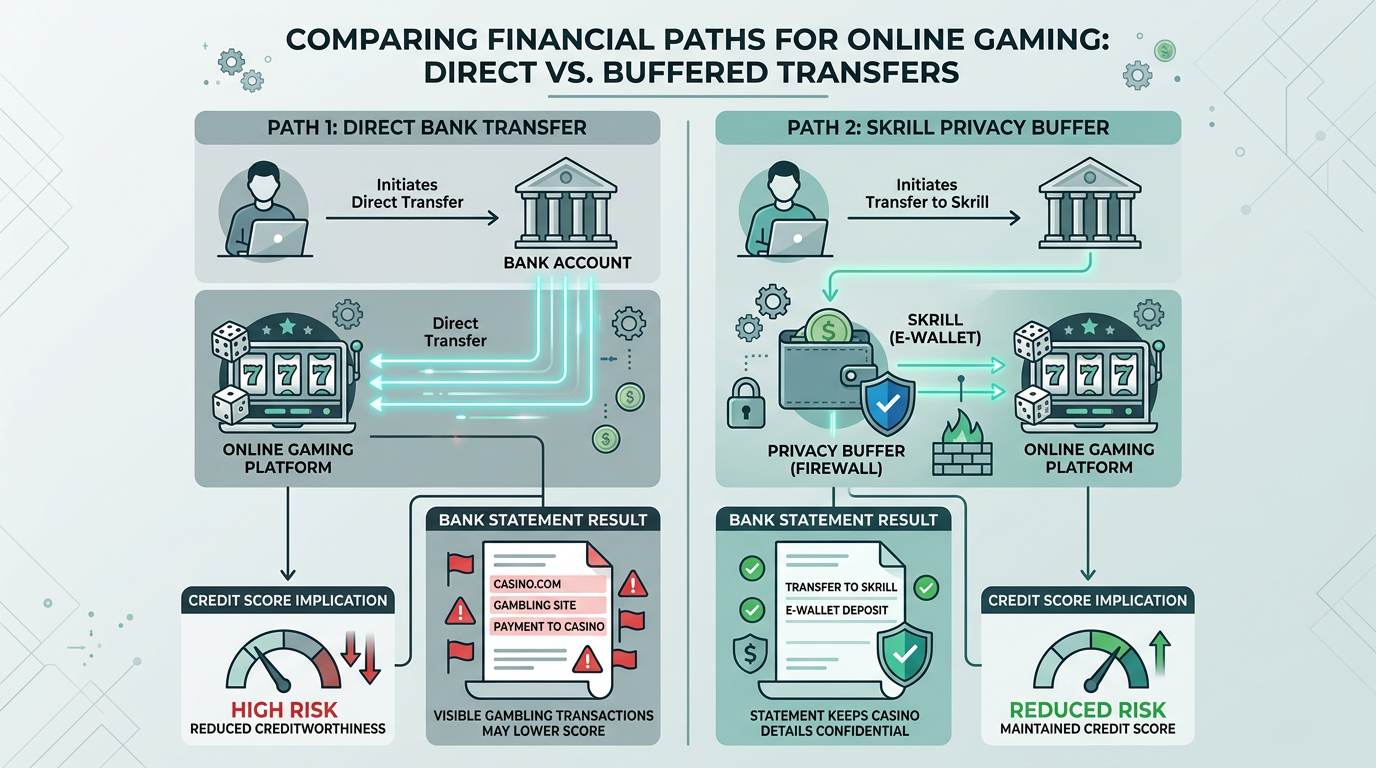Infografika porównująca bezpośrednie płatności bankowe do kasyna z modelem płatności przez portfel Skrill jako bufor prywatności